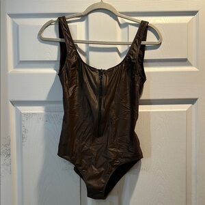 Lisa Marie Fernandez Jasmine Zip Front Maillot Brown Faux Leather S